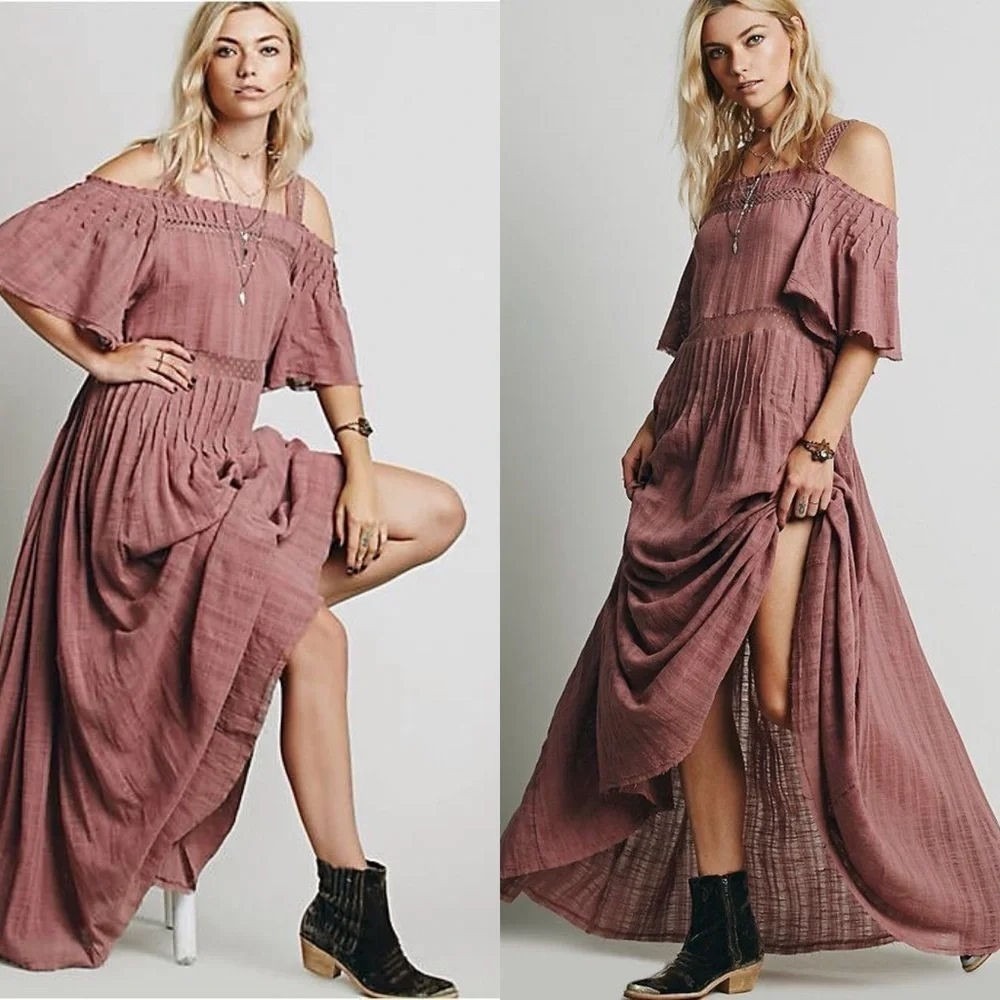 Free People Women's Boho Cotton Gauze Off Shoulder Maxi Dress - Mauve Plum - S